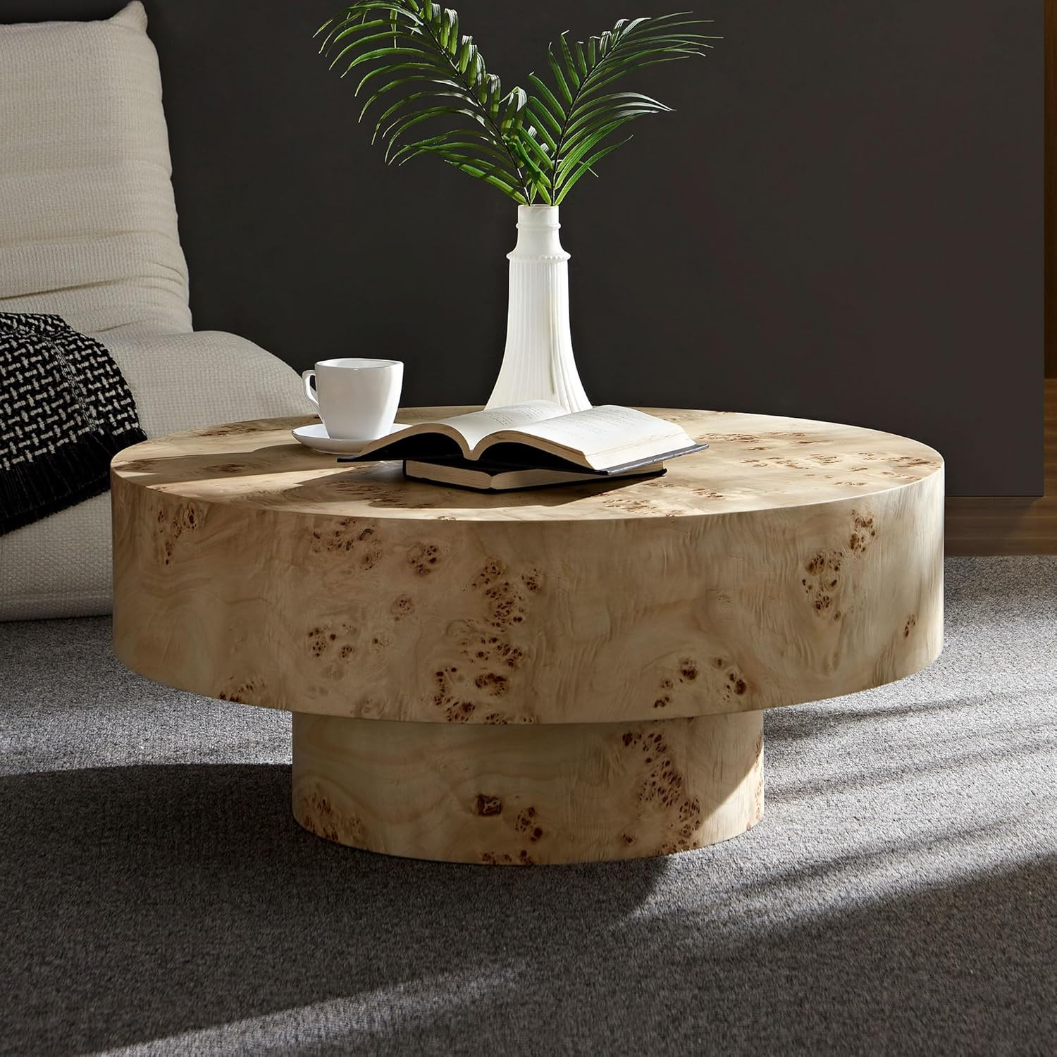31.49''Mid Century Modern Round Wooden Coffee Table with Burl Wood Veneer and Sturdy Pedestal for Living Room, Office, Apartment (31.49" Burl Wood Veneer Tabletop) | Amazon (US)