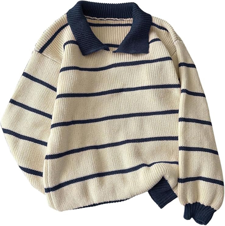 Floerns Women's Collared Striped Sweaters Preppy Oversized Knit Fall Pullover Sweater | Amazon (US)