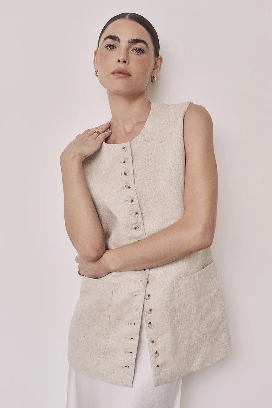 TILLY NATURAL LINEN LONGLINE VEST | DISSH