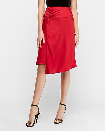 high waisted satin twist front asymmetrical midi skirt | Express