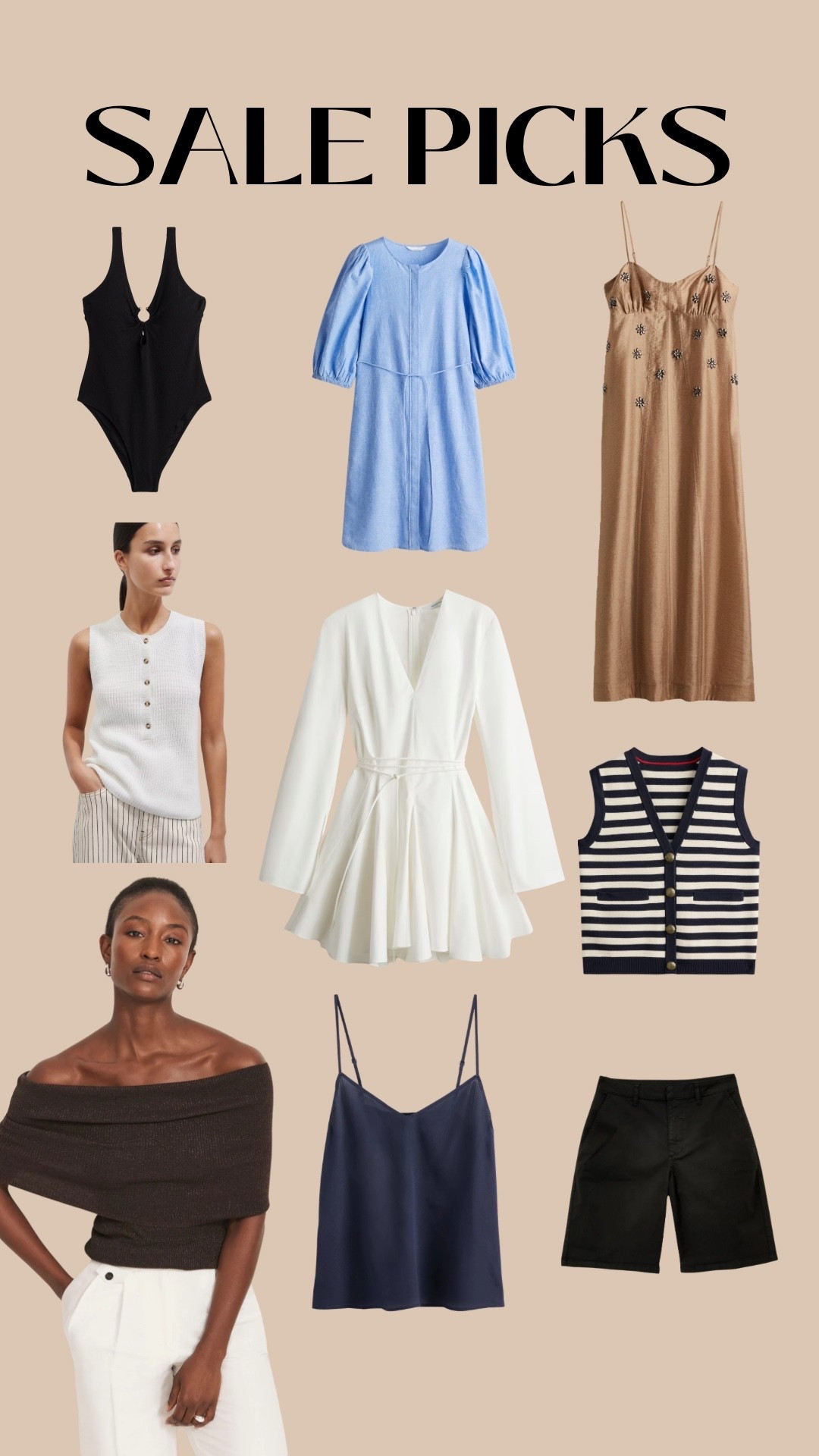 I can never resist an off-the-shoulder top and this brown one has a slight sparkle to it. 
Black shorts are hard to find at this time of year, but these have only just gone in the sale, so buy now! They’d go really nicely with the sleeveless cotton knit - which you can wear with jeans and a blazer into autumn. And the long-sleeved white dress is classic with an edge that you’ll bring out every summer.  

#LTKSaleAlert #LTKFindsUnder50 #LTKStyleTip