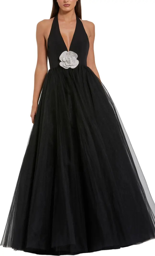 Jersey Halter Ballgown With Tulle Skirt & Flower | Nordstrom