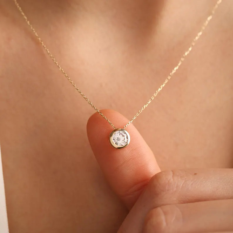 14K Solid Gold Bezel Necklace: Dainty Diamond Pendant, Elegant Women Jewelry, Christmas & Graduat... | Etsy (US)