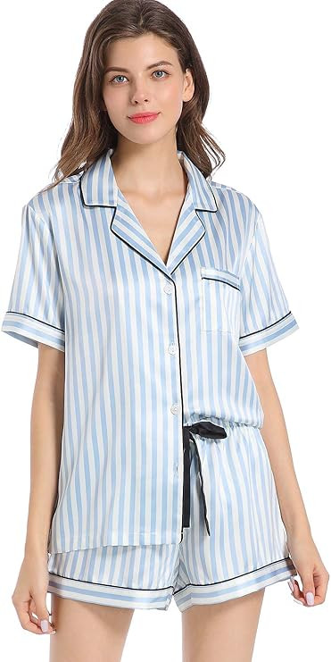 Serenedelicacy Women's Silky Satin Pajamas Short Sleeve PJ Set Sleepwear Loungewear | Amazon (US)