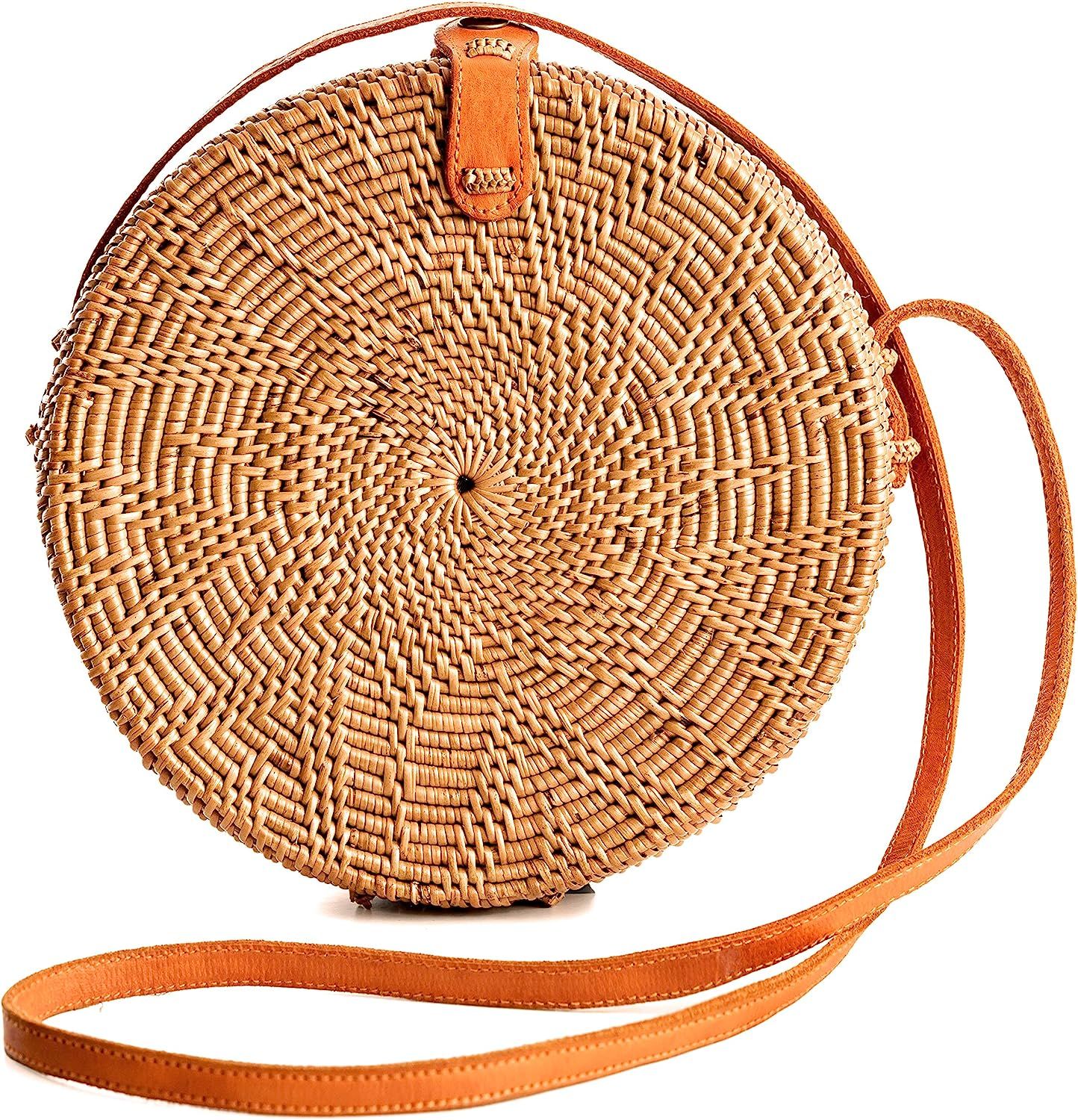 Round Rattan Bag for Women - Handmade Rattan Straw Bags - Wicker Purse - Boho Bag - Round Rattan ... | Amazon (US)