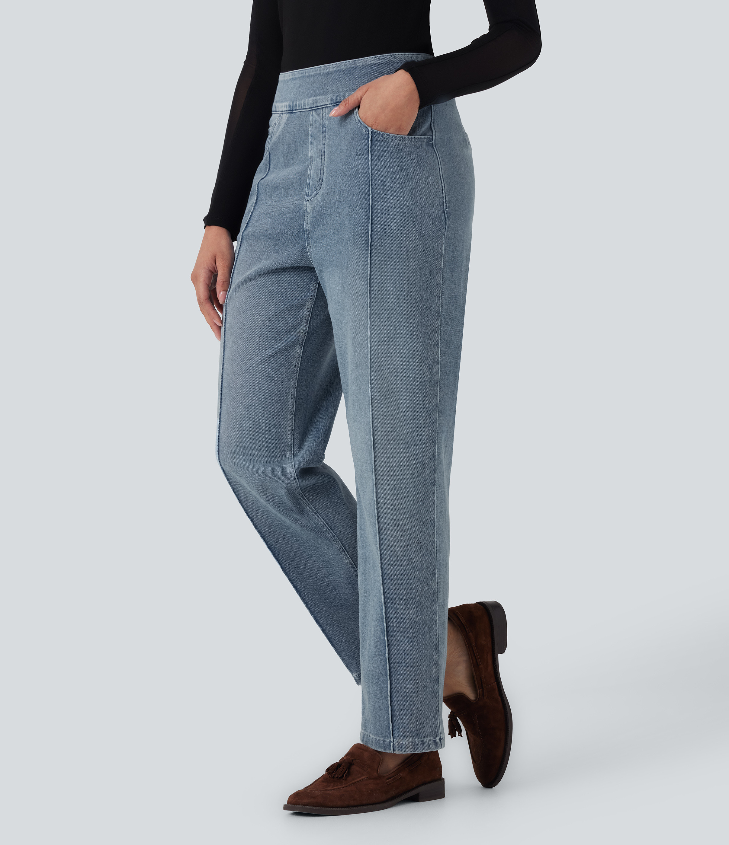 Halara Halara Flex™ High Waisted Straight Leg Casual Jeans with Pockets - Powder Blue Denim - XS(regular) | HALARA