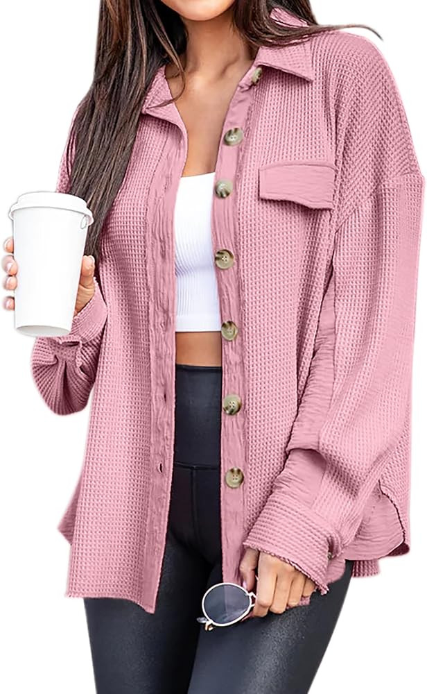 Lingswallow Women's Waffle Knit Shacket Jacket, Pink, Oversized Button Down Shirt, Loose Fit, Lon... | Amazon (US)