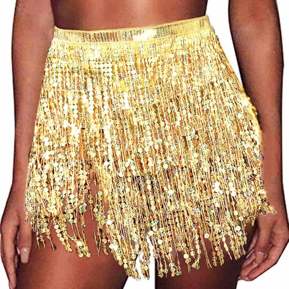 REETAN Sequin Sparkly Skirt Disco Fringe Short Skirt Rave Party Dance Belly Skirt for Women and G... | Amazon (US)