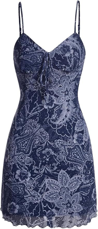 Floerns Women's Floral Print Tie Front Spaghetti Strap Vintage Cami Short Dress | Amazon (US)