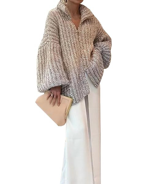 Womens Oversized Sequin Sweater Fashion Stand Collar Lantern Sleeve Zip Up Cardigan Sweaters(-Apr... | Amazon (US)