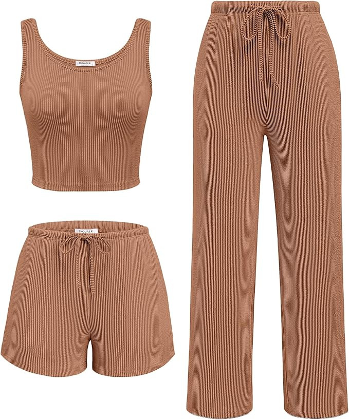 Ekouaer Women's 3 Piece Lounge Set Ribbed Soft Pajama Set Crop Tank Top and Shorts&Pants Vacation... | Amazon (US)