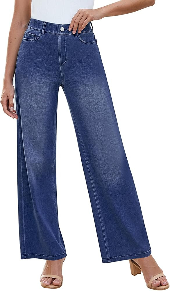 GRAPENT Wide Leg Jeans for Women High Waisted Trendy Pull On Elastic Waist Soft Stretchy Denim Pa... | Amazon (US)