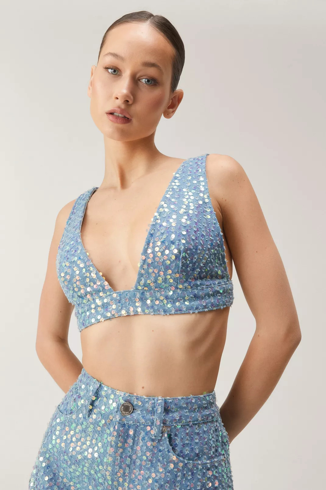 Denim Sequin V Neck Bralette | Nasty Gal US