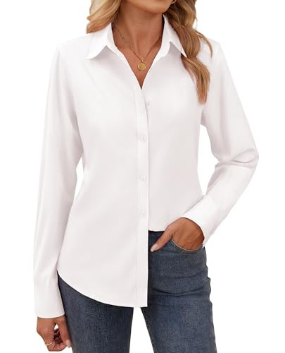 Gleeivy Button Down Shirts for Women Long Sleeve V Neck Collared Cotton Blouses Button Up Shirt Women Business Casual Blouses Fit Work Tops White 4XL | Amazon (US)