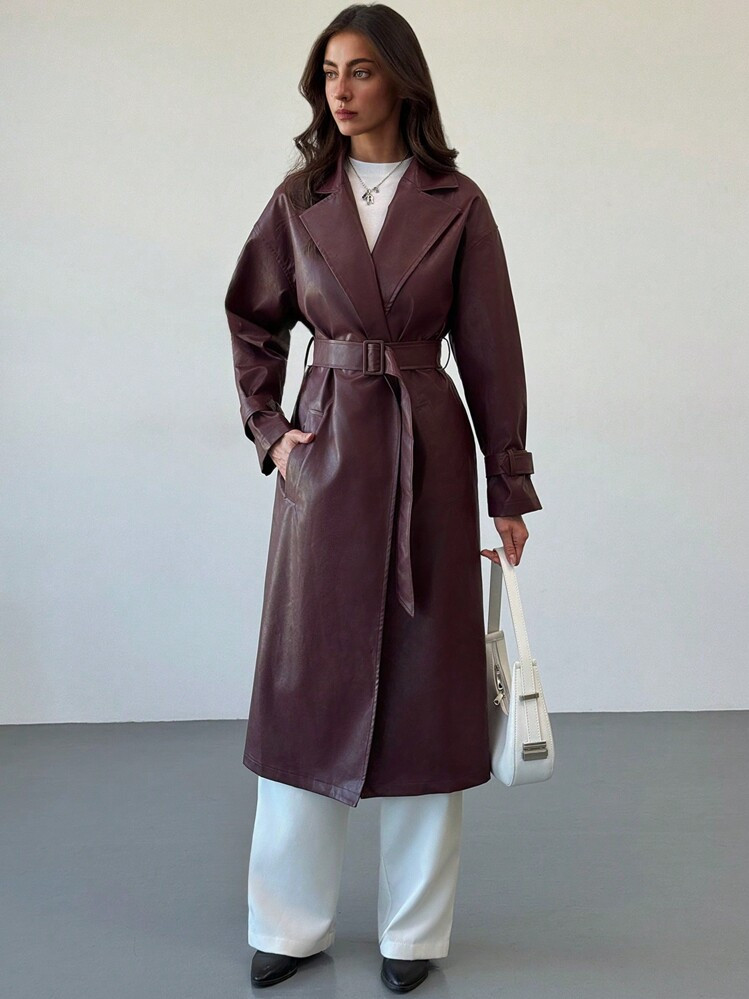 Aloruh Chaqueta Larga De Mujer De Estilo Moderno De Calle, De Piel De PU Color Rojo Vino, Para Otoño/Invierno | SHEIN