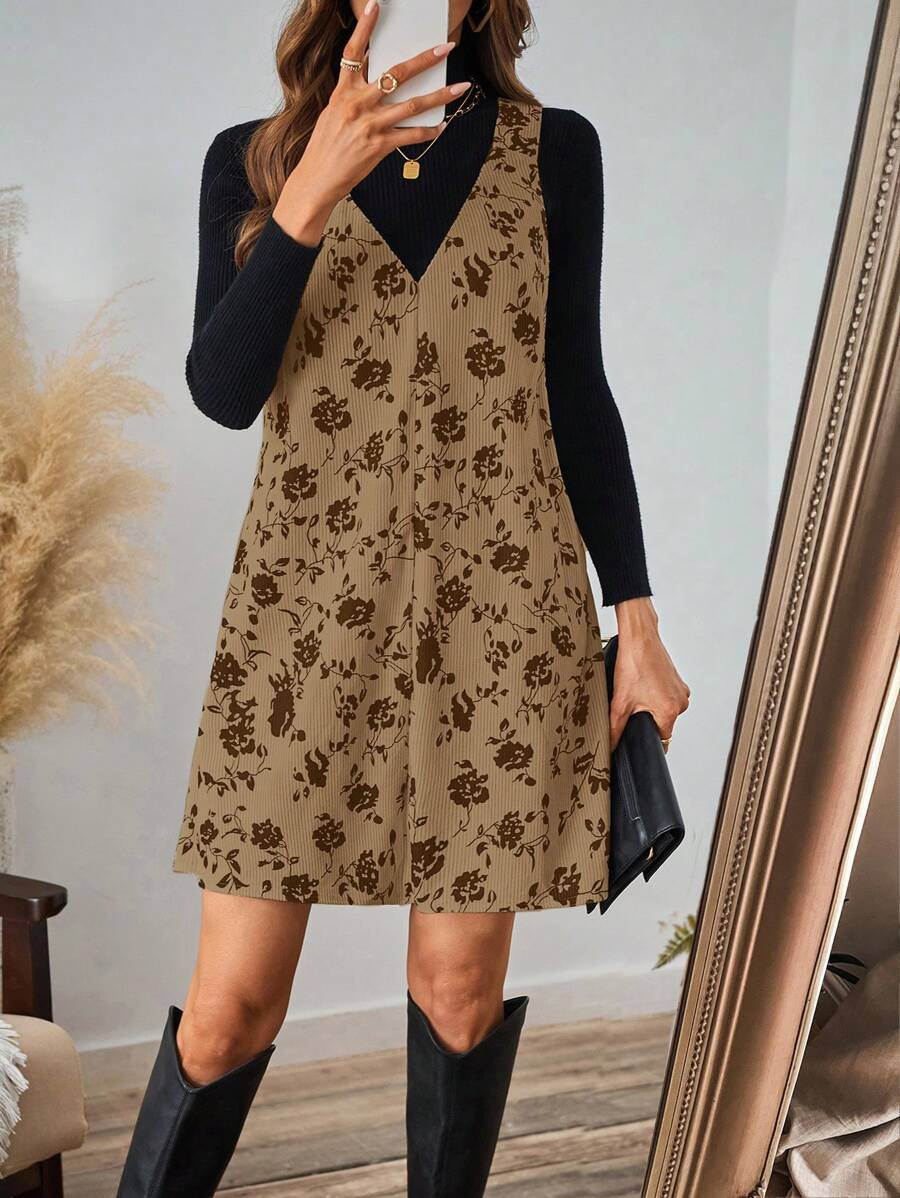 SHEIN LUNE Black Patterned Corduroy Women's Pinafore Dress | SHEIN