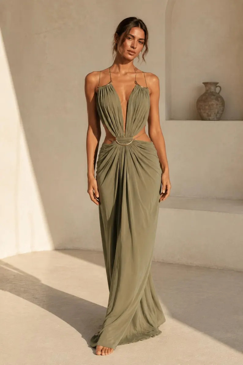 Backless Maxi Dress, Boho Resort Wear, Elegant Draped Gown, Mediterranean Style | Etsy (Global)