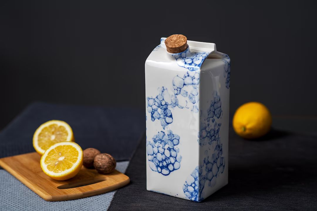 Designer ceramic vase or milk bottle hand painted in white with blue bubbles,unique kitchen gift,... | Etsy (US)