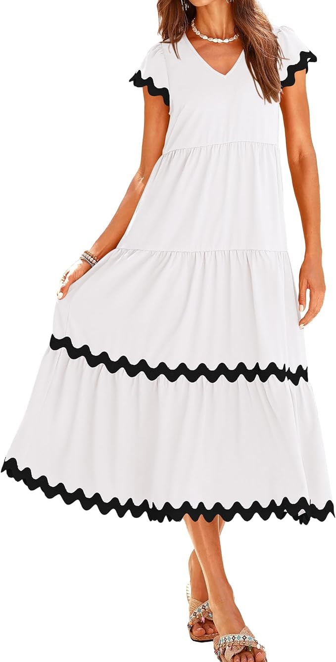 BTFBM Womens Summer Dresses 2024 V Neck Cap Sleeve RIC Rac Loose Tiered A-Line Beach Vacation Mid... | Amazon (US)