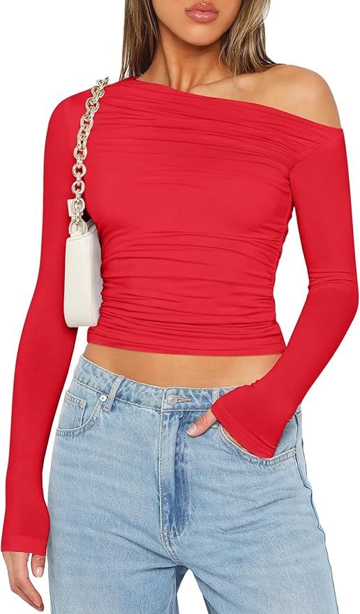 Zeagoo Womens Long Sleeve Off The Shoulder Casual Crop Tops Boat Neck Going Out Slim Fit Y2K T Sh... | Amazon (US)