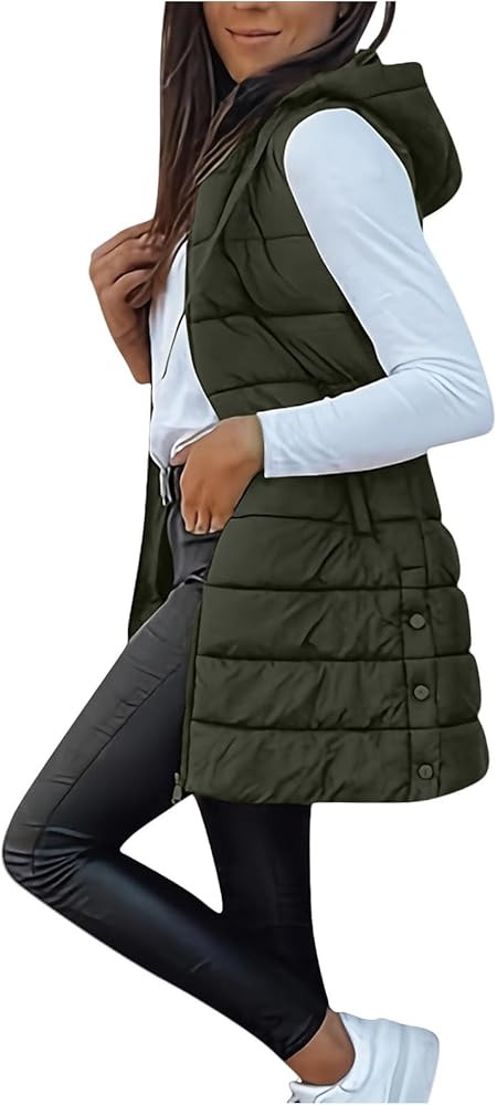 Womens Long Winter Vests Outerwear Quilted Puffer Jackets with Hood Stand Collar Cold Weather Coa... | Amazon (US)