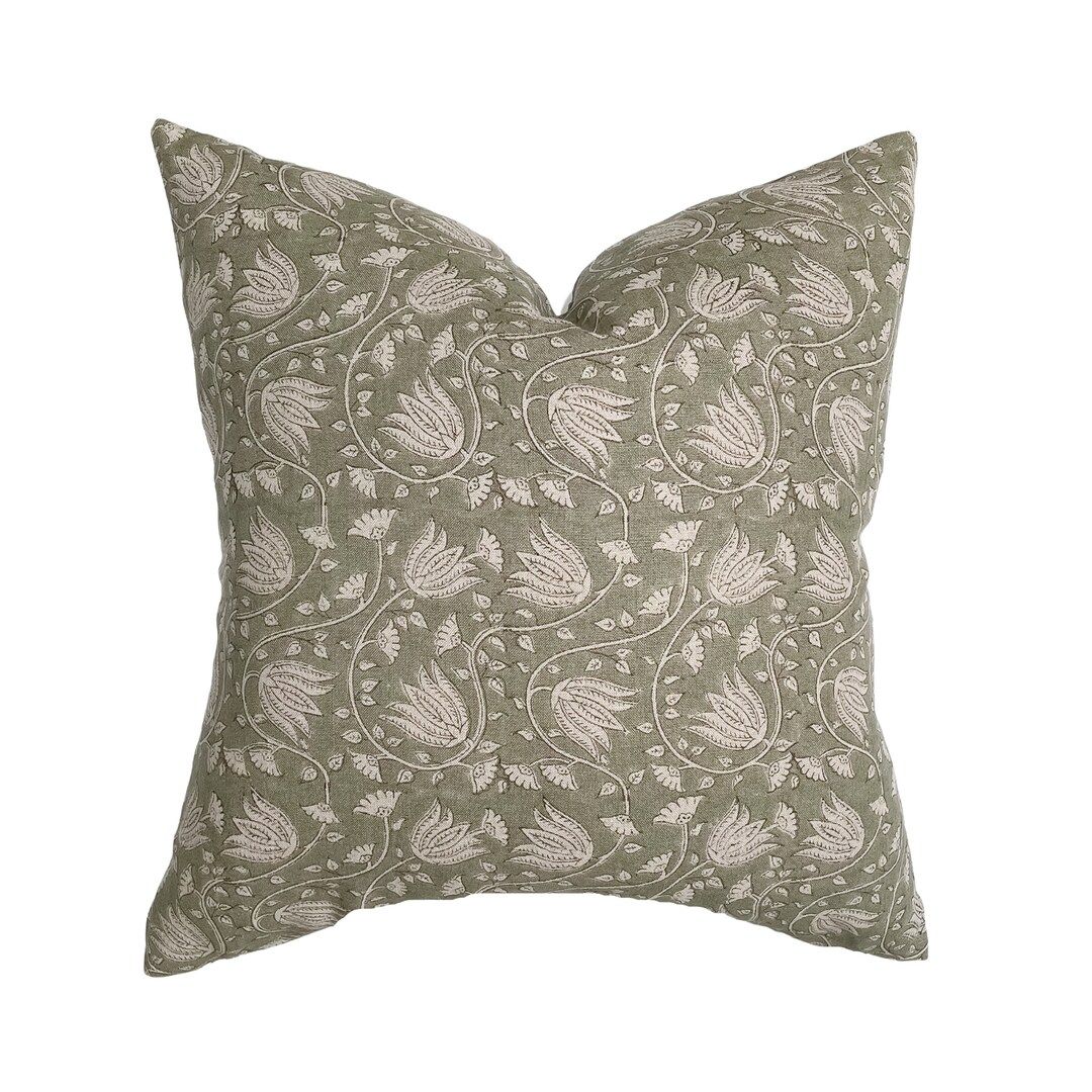 June  Sage Floral Handblock Linen Pillow Cover  Neutral Soft - Etsy | Etsy (US)