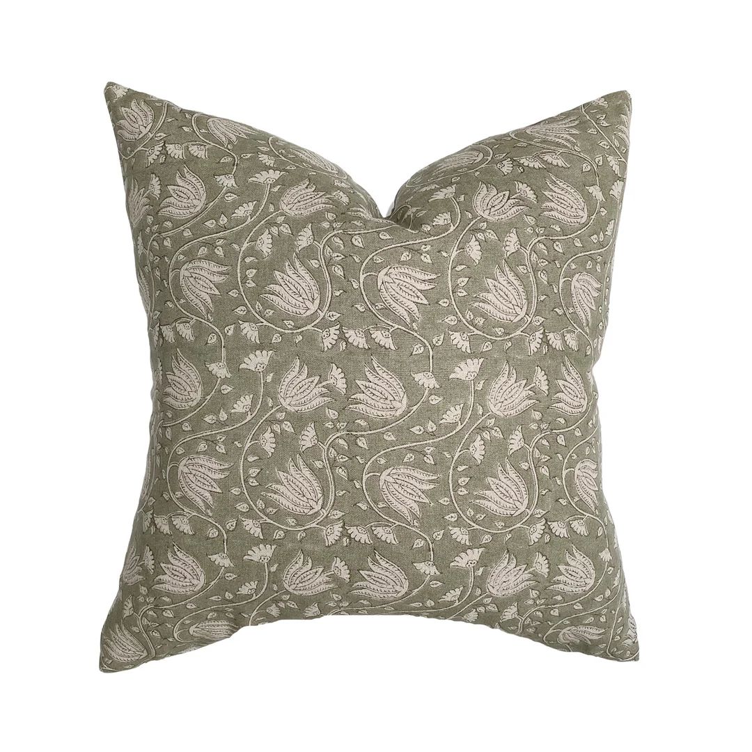June Sage Floral Handblock Linen Pillow Cover Neutral Soft Green Flax Designer Fabric Neutral Hom... | Etsy (US)