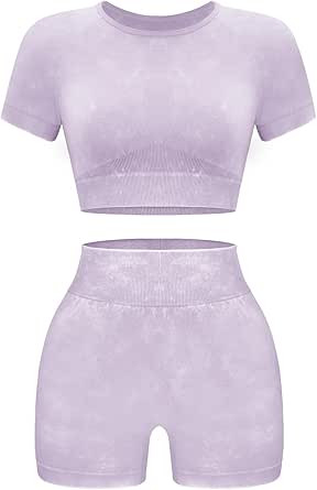 OLCHEE Womens Workout Sets 2 Piece - Seamless Acid Wash Yoga Outfits Shorts and Crop Top Matching... | Amazon (US)