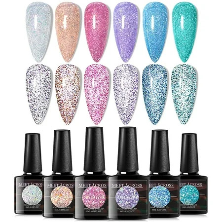 MEET ACROSS Reflective Glitter Gel Nail Polish Shimmery Glitter Gel Polish Set Sparkly Shiny Gel Nai | Walmart (US)