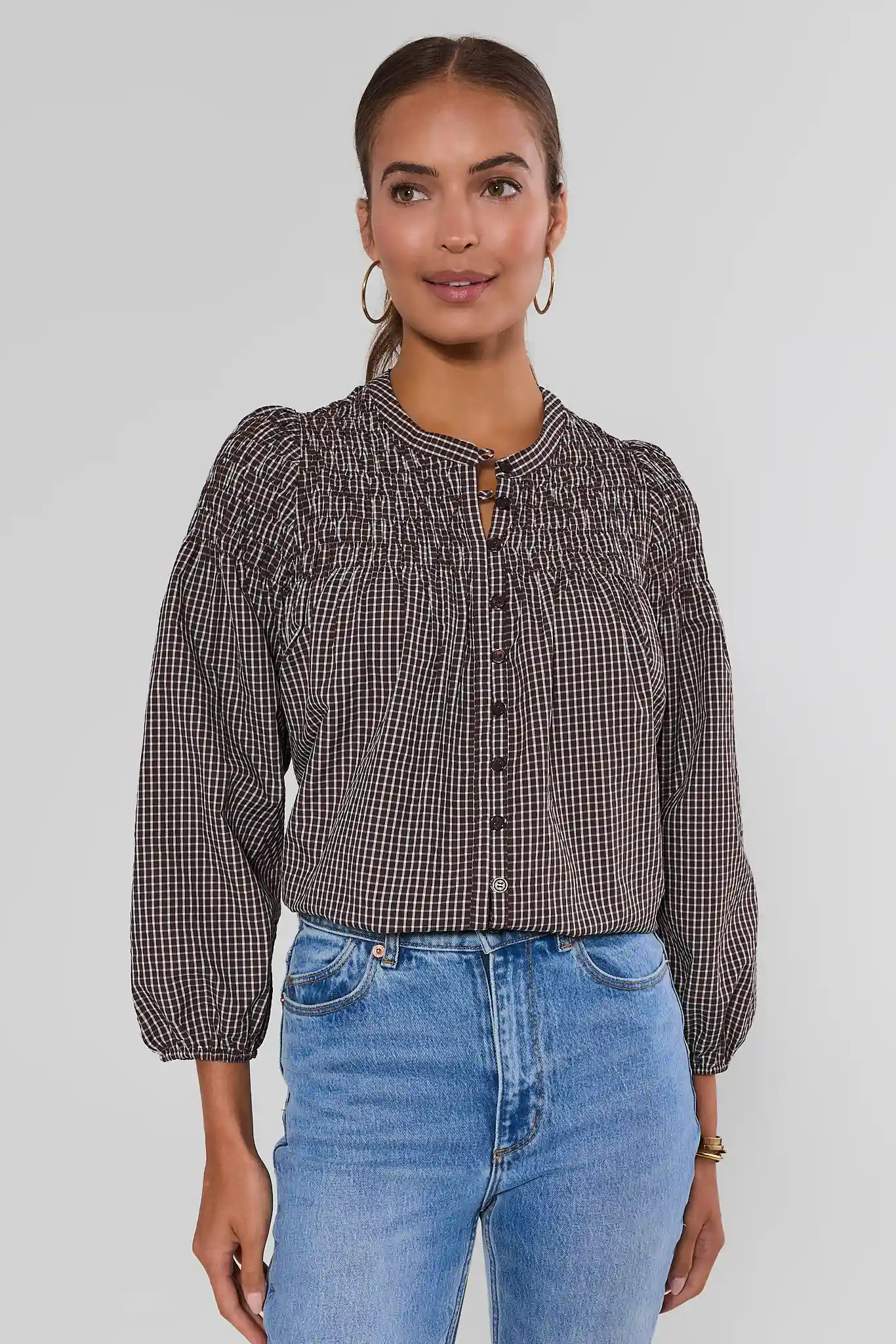 Reese Brown Windowpane Plaid Smocked Top | Avara