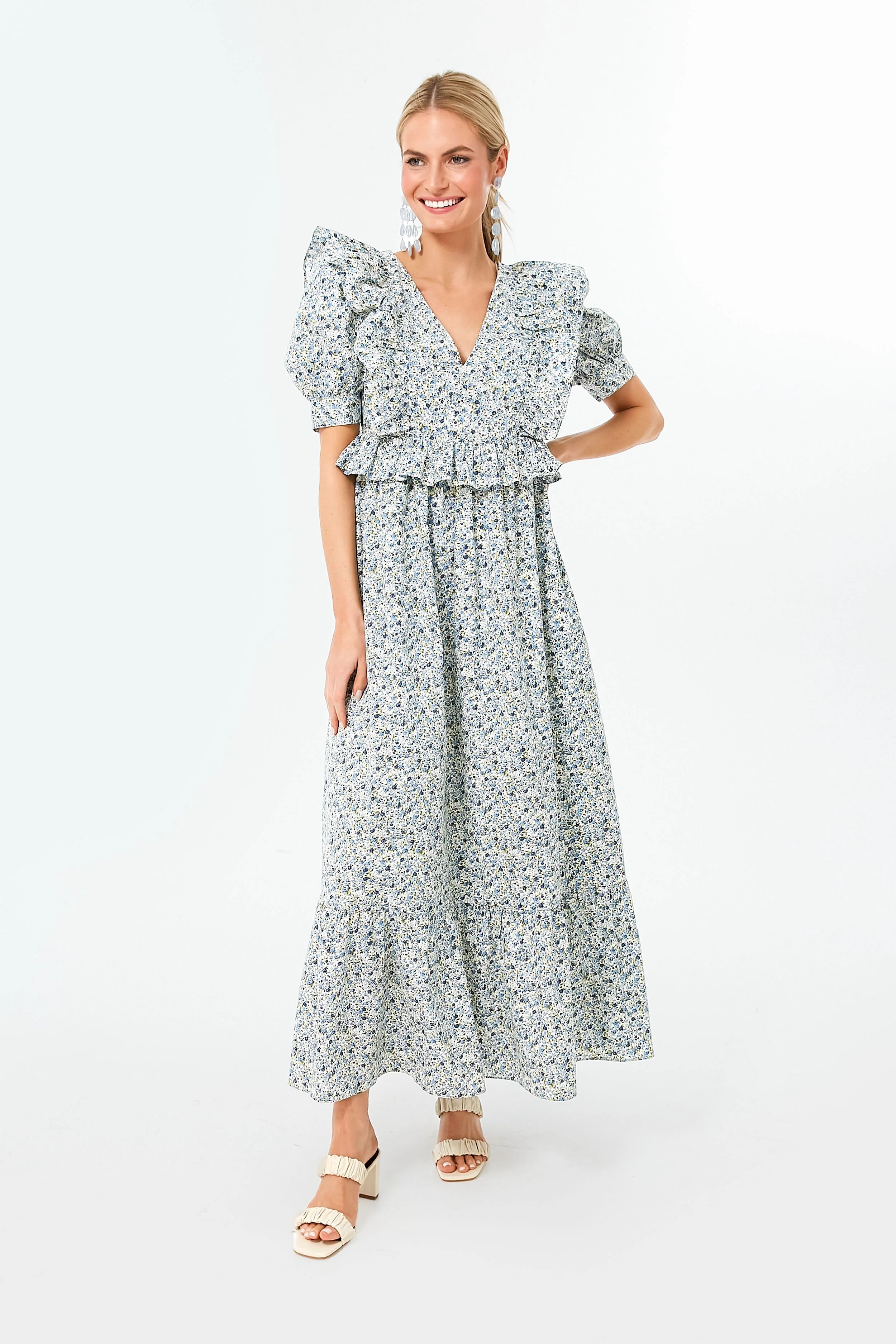 Blue Floral Puff Sleeve Meadow Midi Dress | Tuckernuck (US)