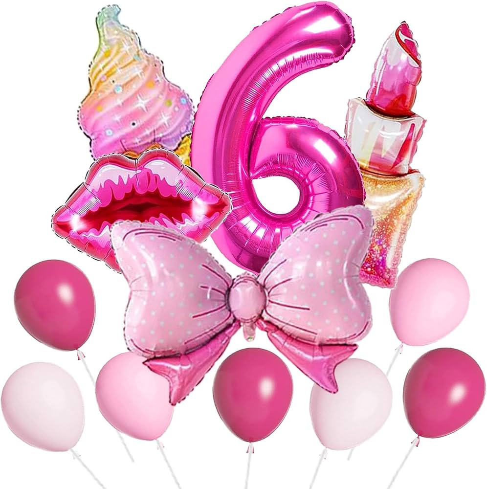 Hot Pink Girl Balloons, 50pcs Pink Balloon Heart Lip Bow Lipstick Ice Cream Number6 Foil Balloons... | Amazon (US)