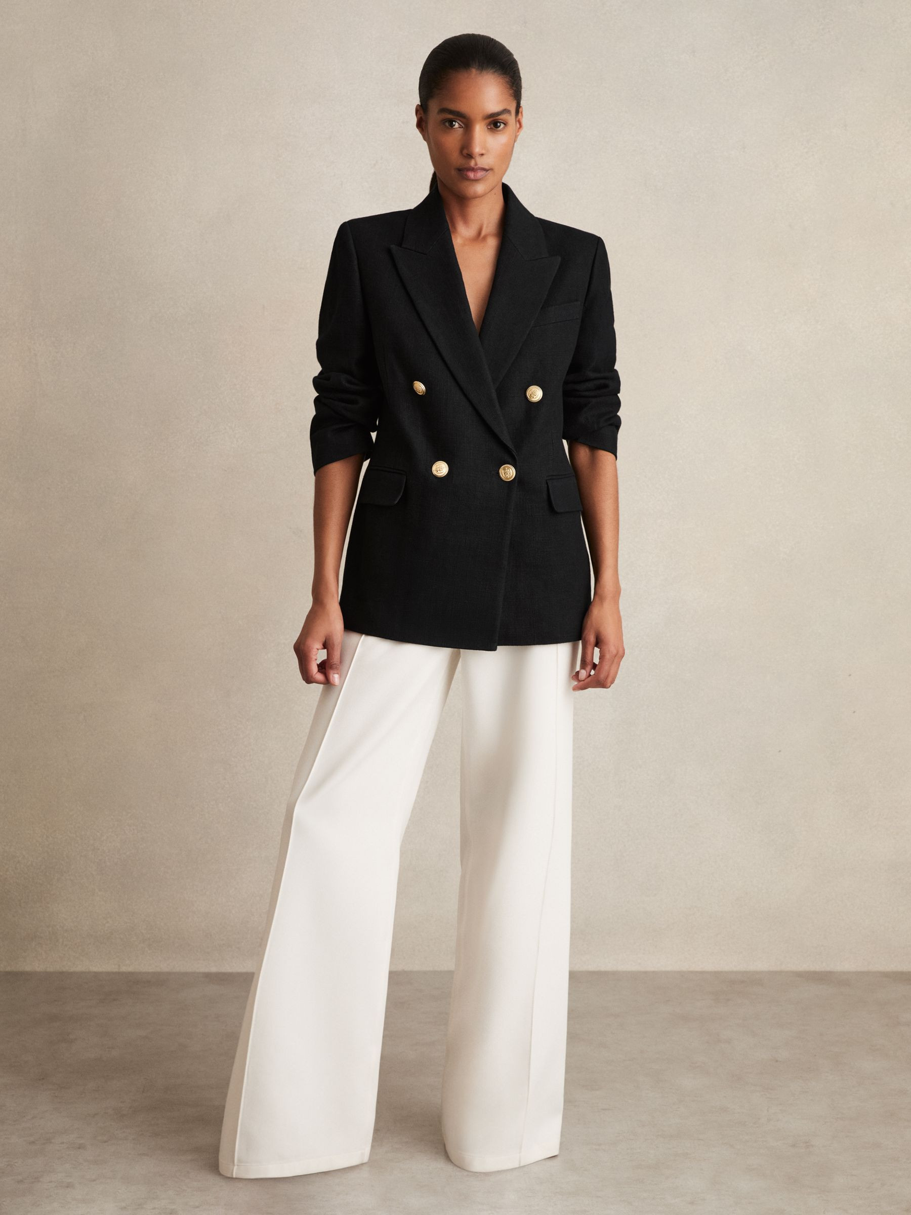 Reiss Oversized Double-Breasted Blazer Linen-Blend in Black - REISS | Reiss UK