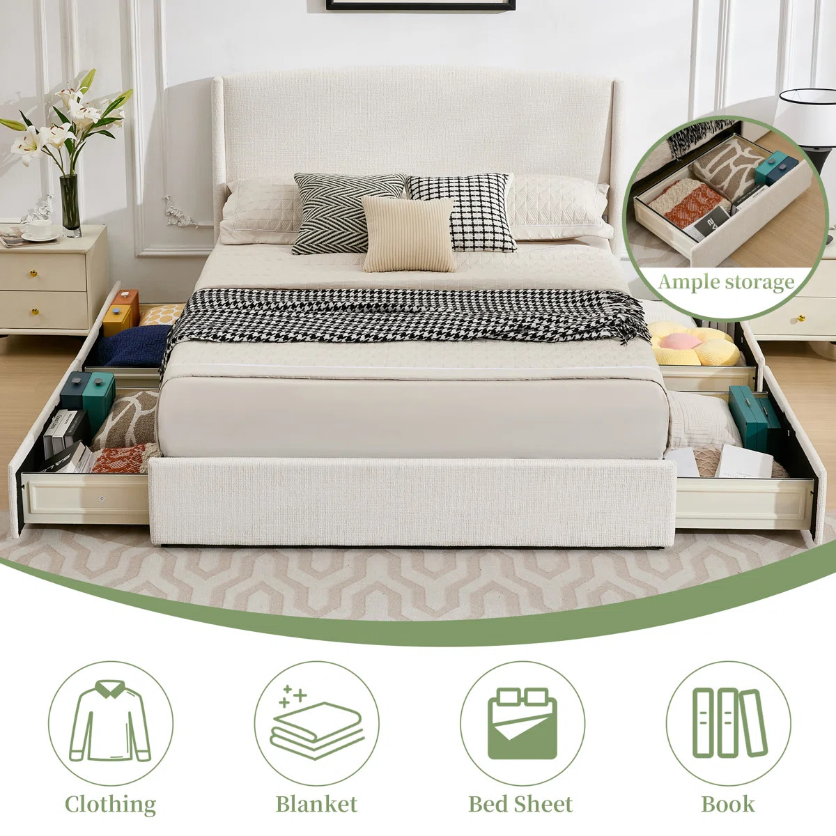 Braya Upholstered Platform Storage Bed With 4 Drawers,Beige,Queen | Wayfair North America