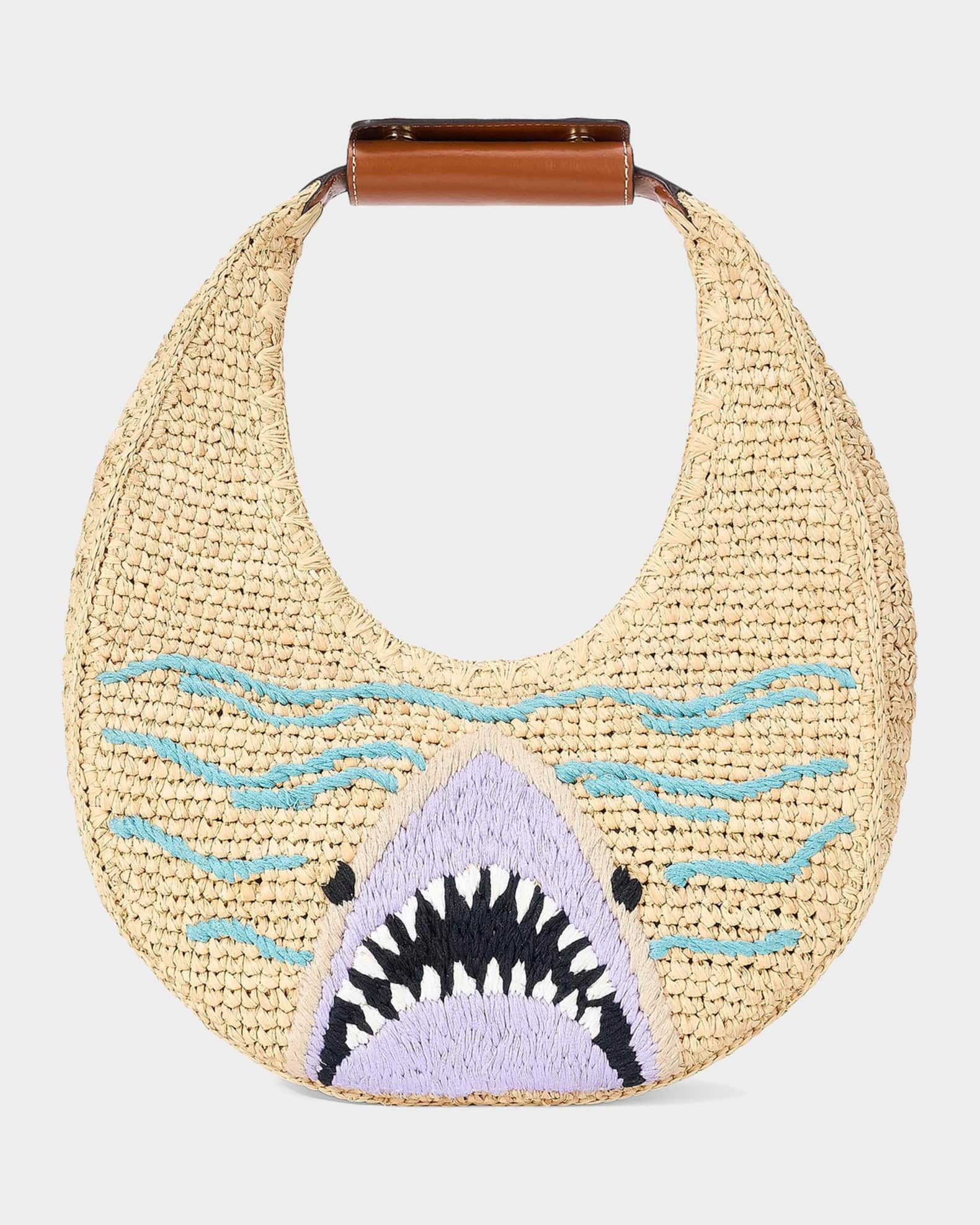 Moon Shark-Embroidered Raffia Shoulder Bag | Neiman Marcus