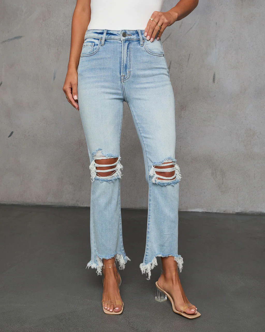 Cosmia High Rise Distressed Crop Flare Denim | VICI