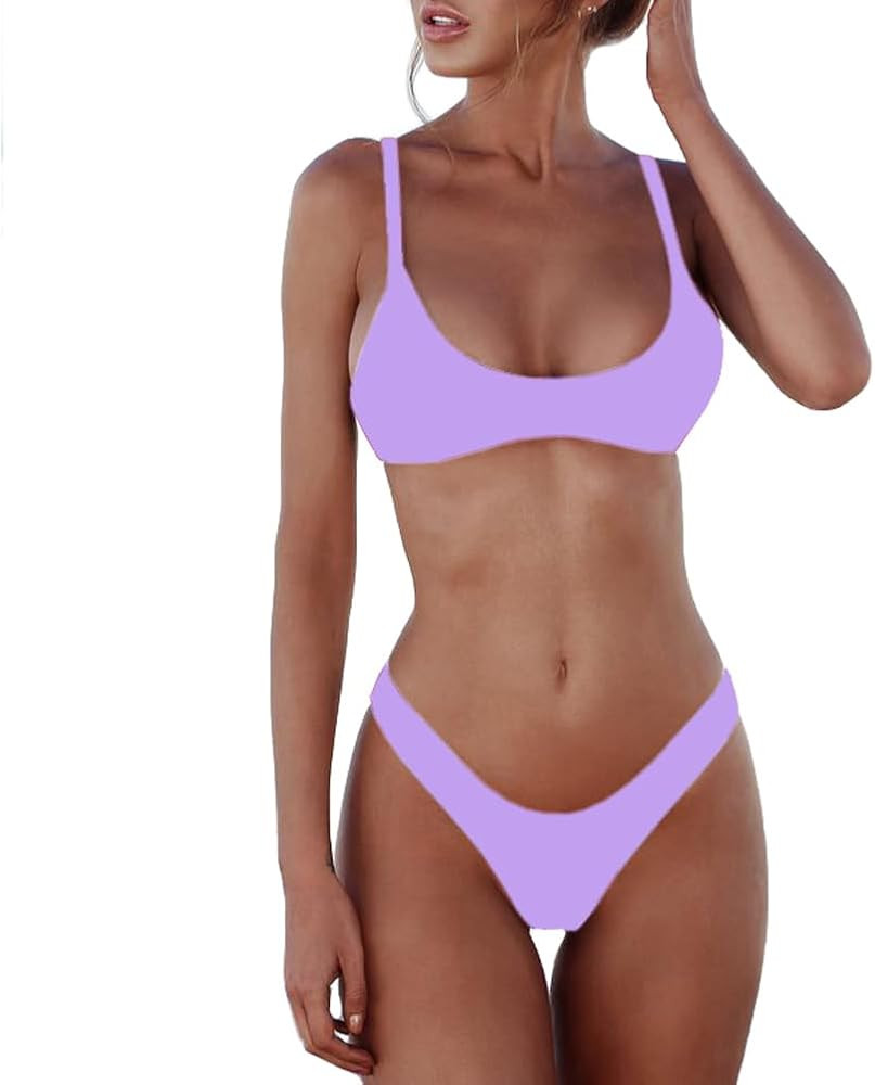 SherryDC Women's Solid Scoop Neck Push Up Padded Brazilian Thong Bikini Swimsuit Bathing Suit | Amazon (US)