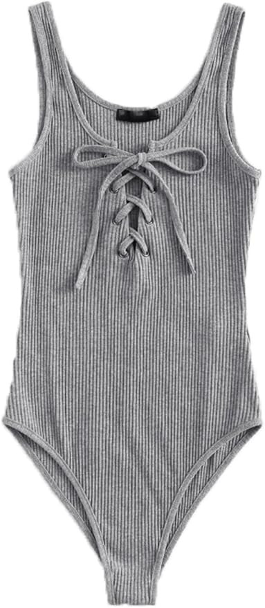 MakeMeChic Women's Sleeveless Lace Up Knit Sexy Leotard Bodysuit | Amazon (US)