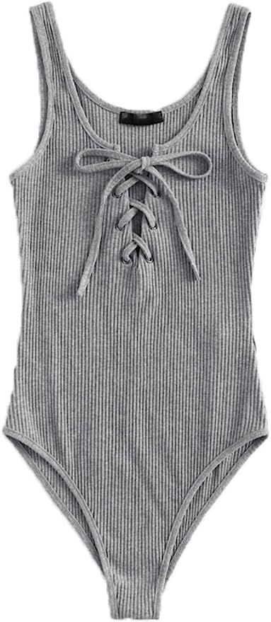 MakeMeChic Women's Sleeveless Lace Up Knit Sexy Leotard Bodysuit | Amazon (US)
