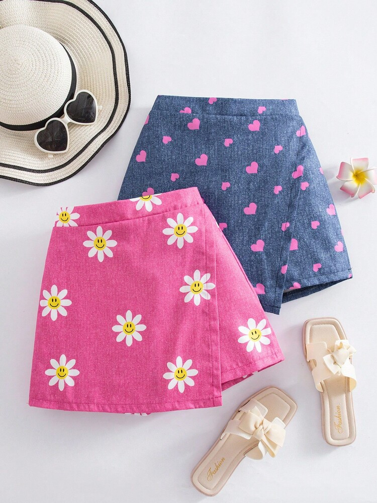 2pcs/Set Girls Energetic Vacation Sunflower, Heart, Smiling Face Faux Denim Print Asymmetrical Shorts, Blue & Pink Combo, Suitable For Summer Outings | SHEIN