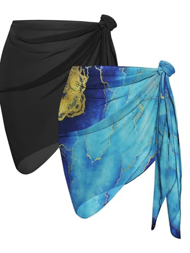 2 Pieces Sarong Cover Ups for Women Beach Bathing Suit Wrap Sheer Short Skirt Bikini Chiffon Scarf for Swimwear (Black, Blue Gilded Gold) | Amazon (US)