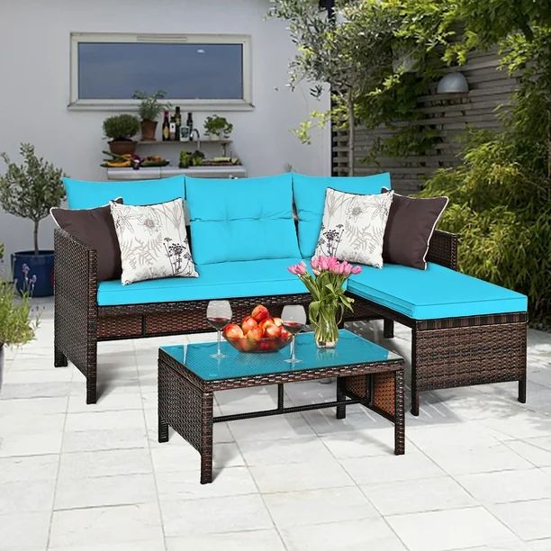 Costway 3PCS Patio Wicker Rattan Sofa Set Outdoor Sectional Conversation Set Turquoise | Walmart (US)