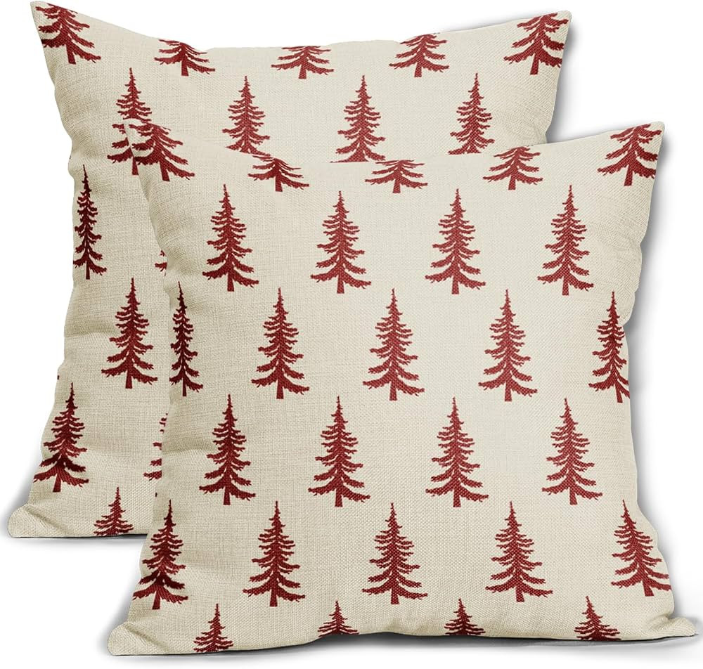Christmas Tree Pillow Covers 18x18 Set of 2 Red Xmas Rustic Style Winter Print Decorative Outdoor... | Amazon (US)