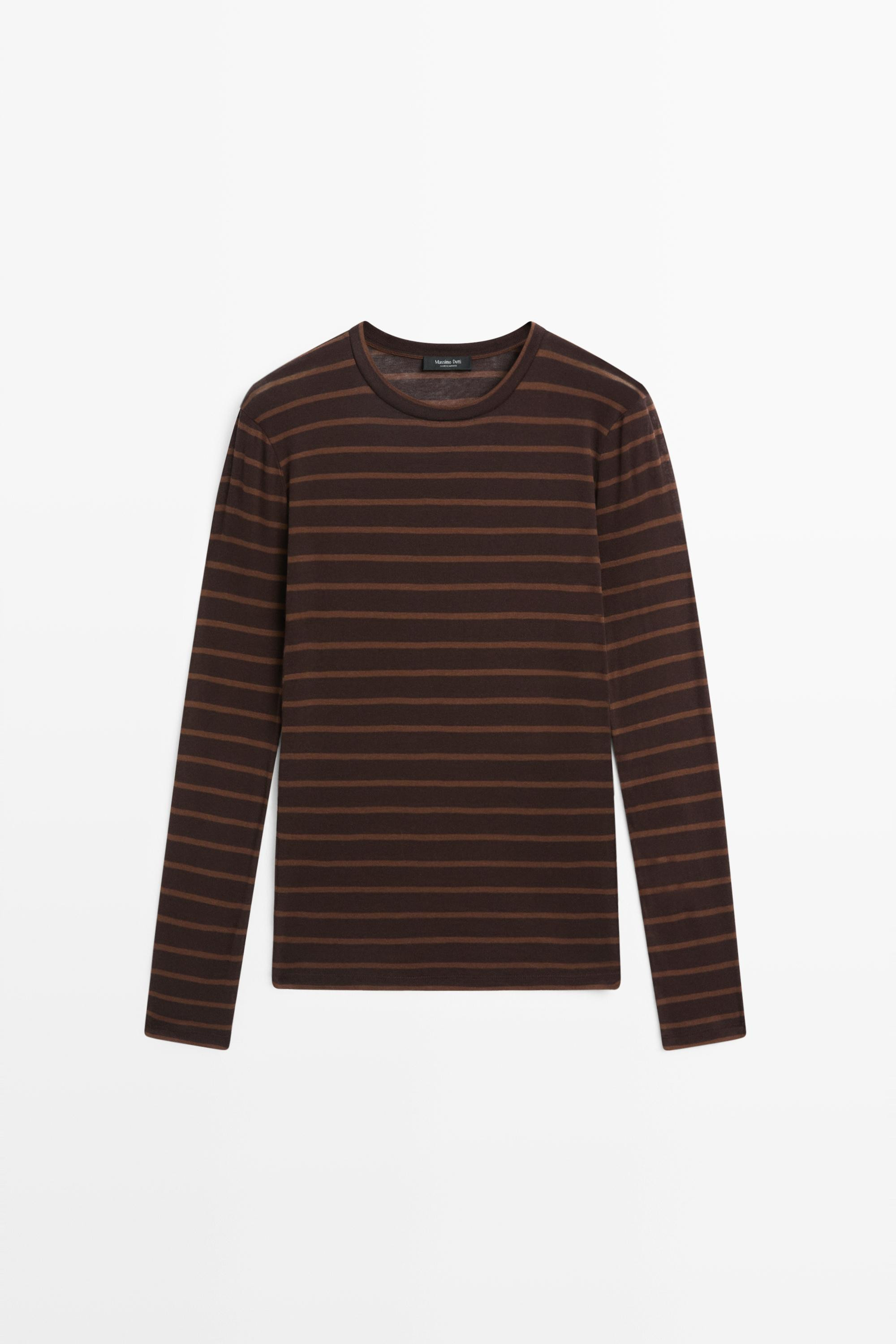 Long sleeve striped T-shirt - BROWN | Massimo Dutti UK