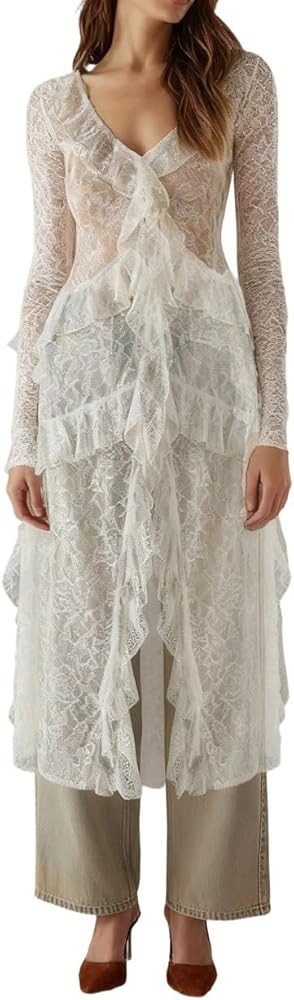 Women Lace Mesh Tie Front Maxi Top Ruffled Long Sleeve Sheer Cardigan See Through Flowy Kimono Co... | Amazon (US)