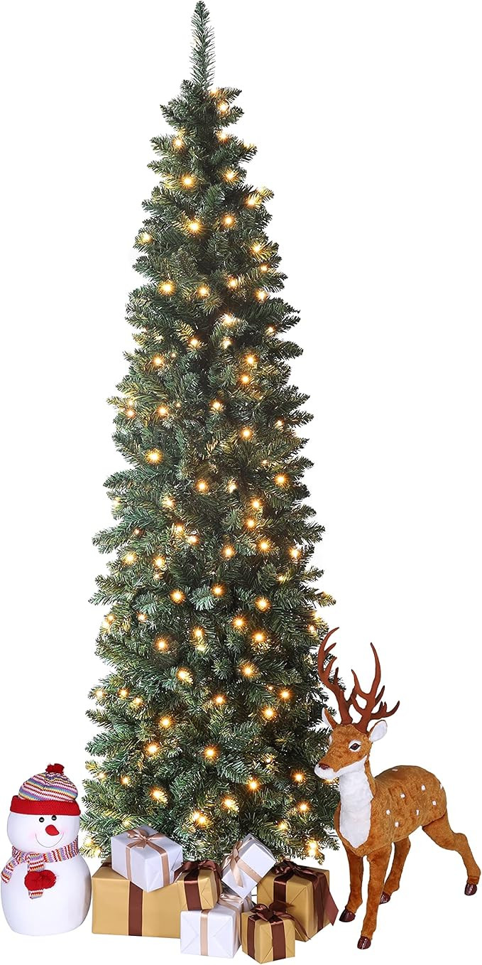VEIKOU 7.5FT Artificial Christmas Tree, Pencil Christmas Tree Prelit, Skinny Christmas Tree, Slim... | Amazon (US)