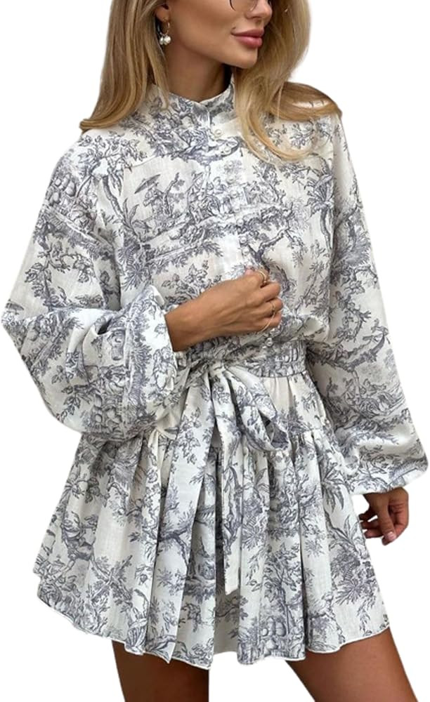 Esmeling Women’s Vintage Boho Floral Pattern Mini Dresses Long Puff Sleeve Pleated Flowy Short ... | Amazon (US)