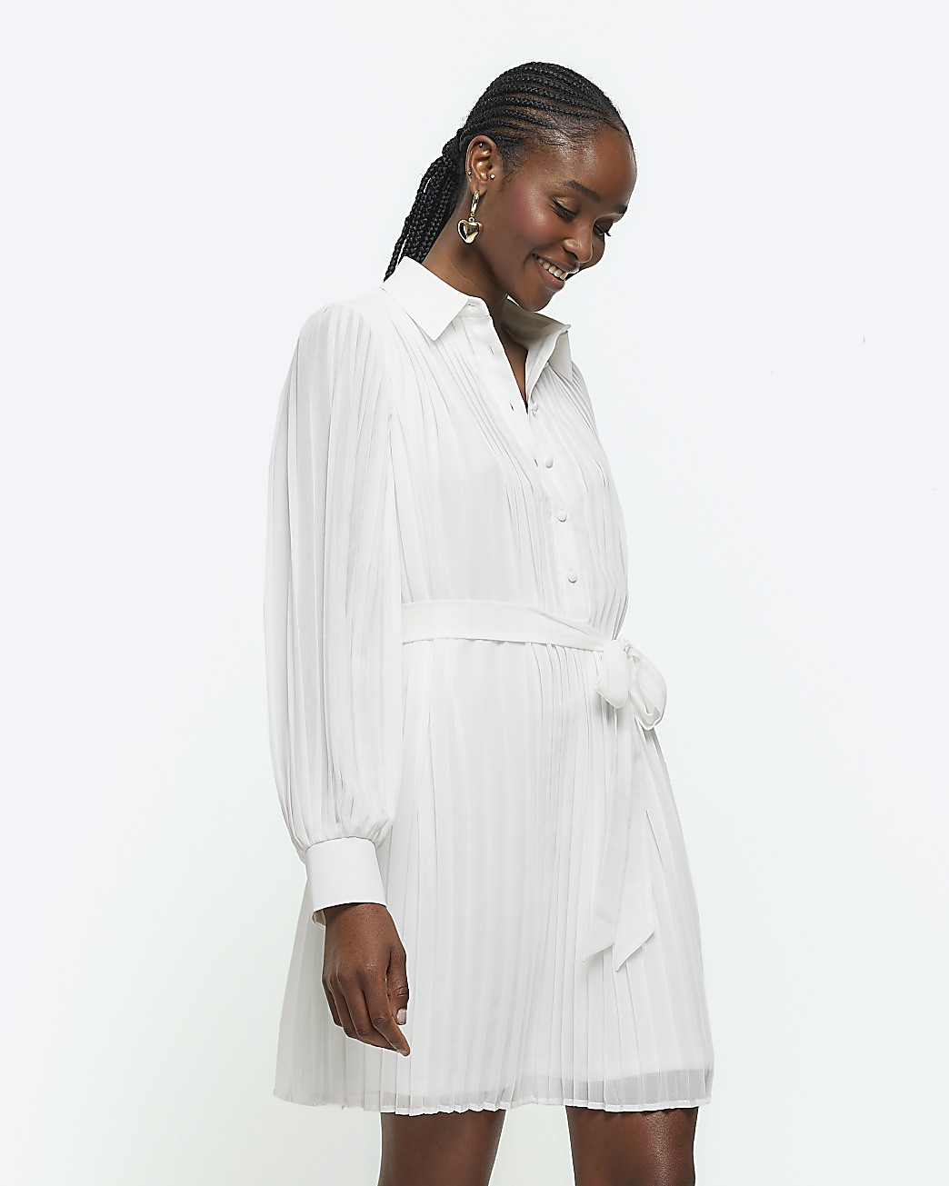 White plisse tie waist mini shirt dress | River Island (UK & IE)