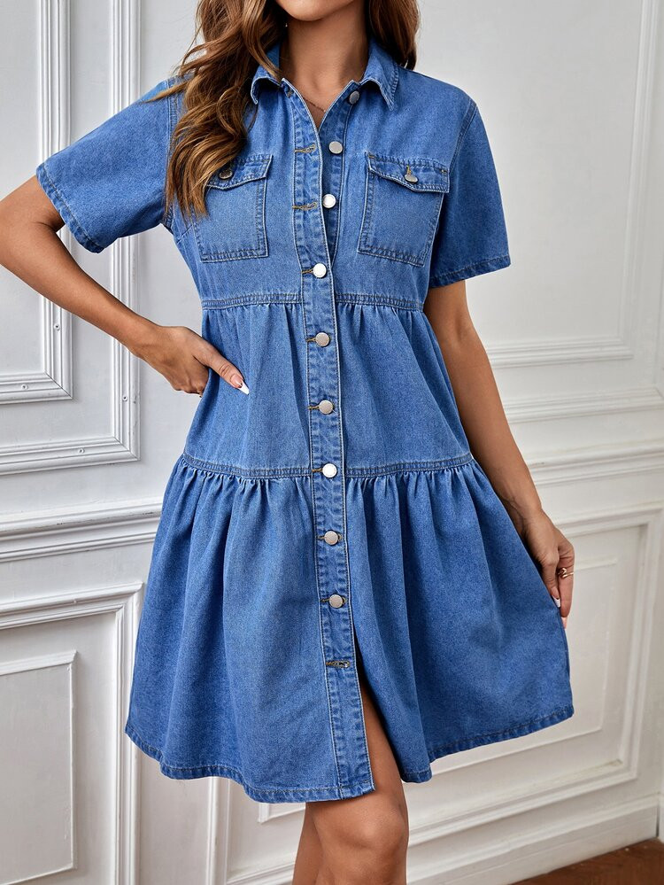 New
     
      SHEIN Flap Pocket Ruffle Hem Denim Dress | SHEIN