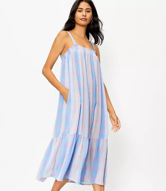 Plaid Smocked Pocket Midi Dress | LOFT